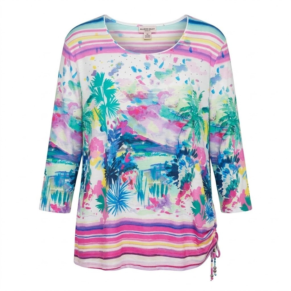 NEW Allison Daley Woman 3X Pink Tropical Palm Tree 3/4 Sleeve Cinch Side Top